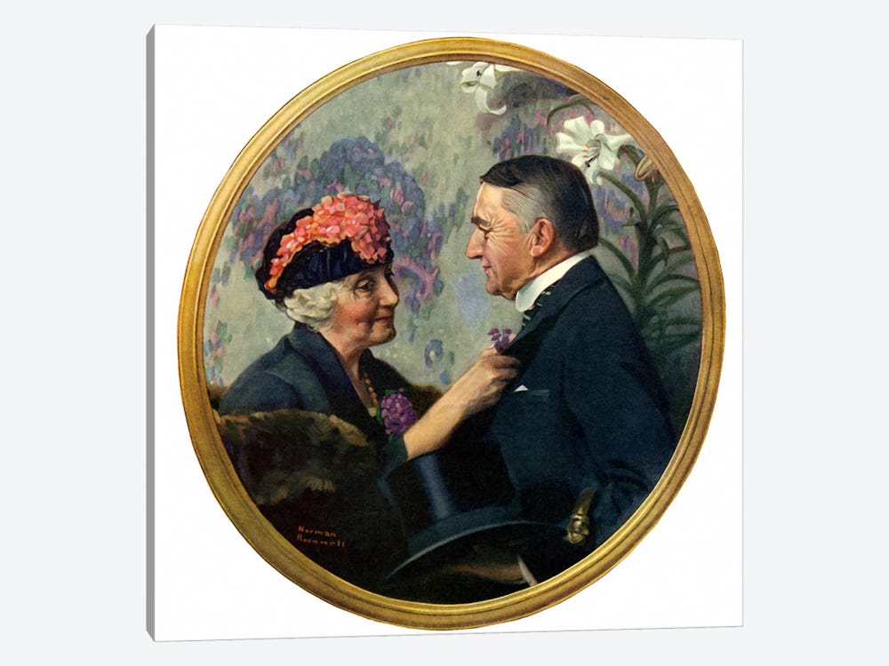 Woman Pinning Boutonniere on Man by Norman Rockwell 1-piece Canvas Art