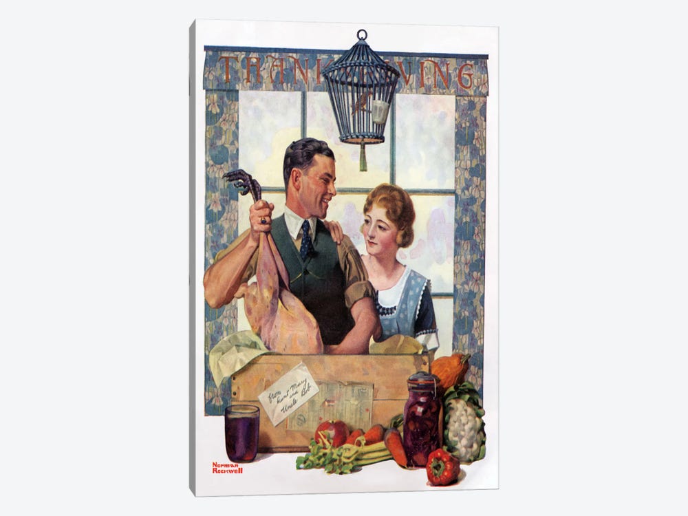 Couple Uncrating Turkey by Norman Rockwell 1-piece Canvas Art