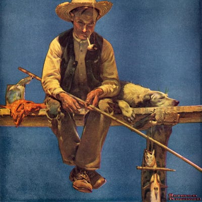 Framed Canvas Art - Man On Dock Fishing by Norman Rockwell ( Animals > Dogs > Mutts art) - 18x18 in