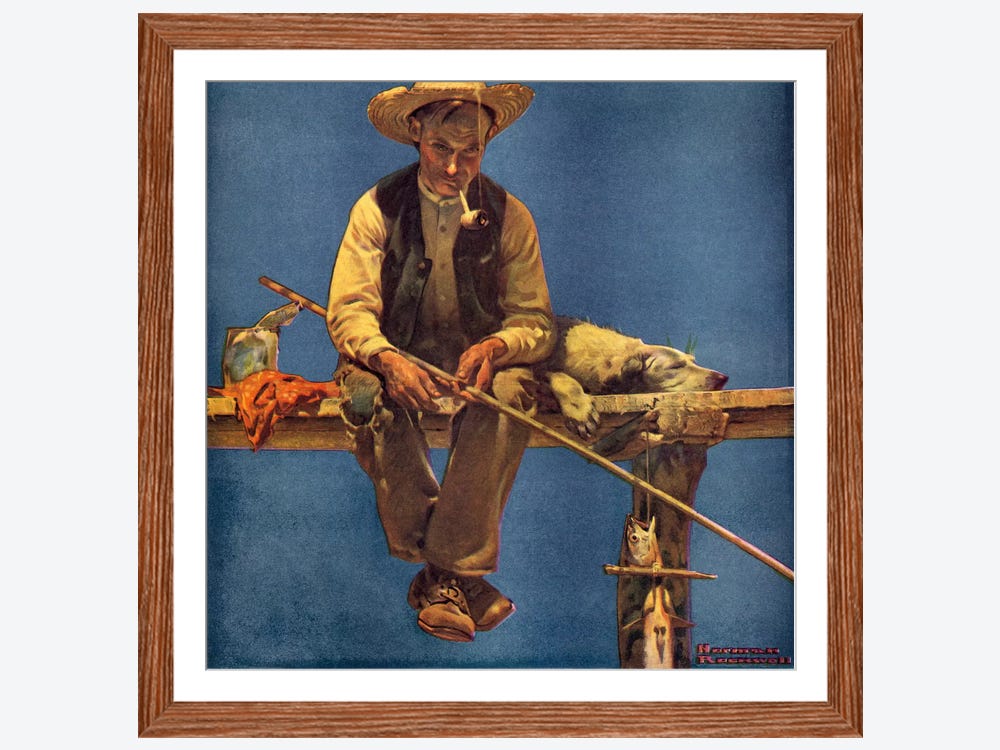 Man on Dock Fishing Art Print by Norman Rockwell