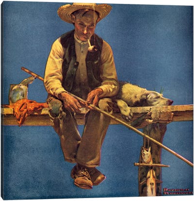 Man on Dock Fishing Canvas Art Print - Norman Rockwell