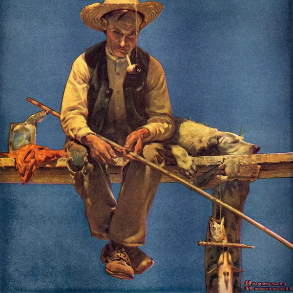 Norman Rockwell: Man on Dock Fishing by Norman Rockwell