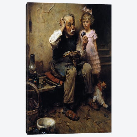 Cobbler Studying Doll's Shoe Canvas Print #NRL127} by Norman Rockwell Canvas Art Print