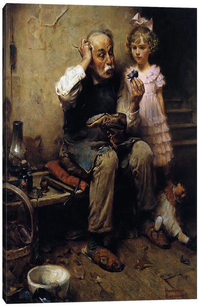 Cobbler Studying Doll's Shoe Canvas Art Print - Norman Rockwell