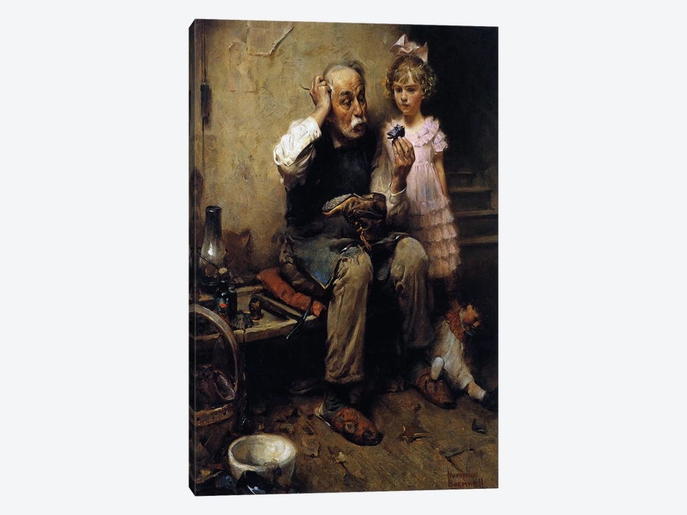 Cobbler Studying Doll's Shoe by Norman Rockwell 1-piece Canvas Print