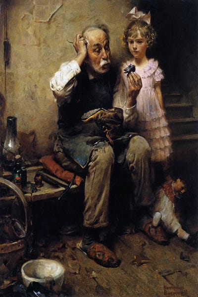 Norman Rockwell: Cobbler Studying Doll's Shoe by Norman Rockwell