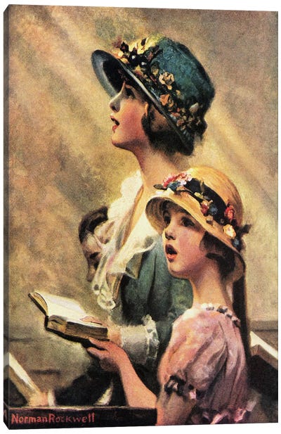 Mother and Daughter Singing in Church Canvas Art Print - Child Portrait Art