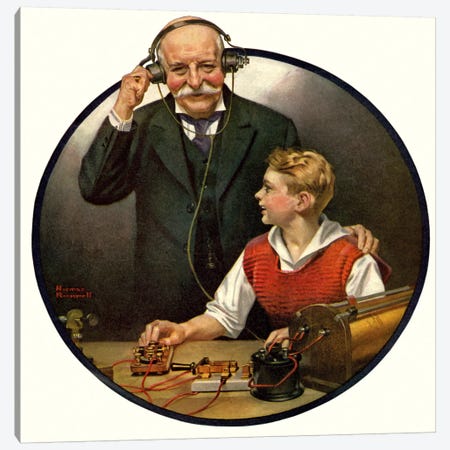 Grandpa Listening In on the Wireless Canvas Print #NRL139} by Norman Rockwell Art Print