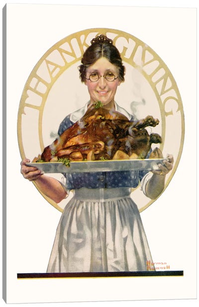 Woman Holding Platter with Turkey Canvas Art Print - Meat Art