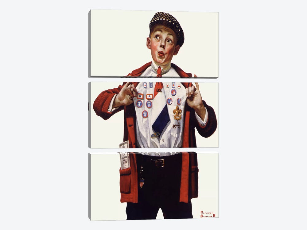 Boy Showing Off Badges by Norman Rockwell 3-piece Canvas Wall Art
