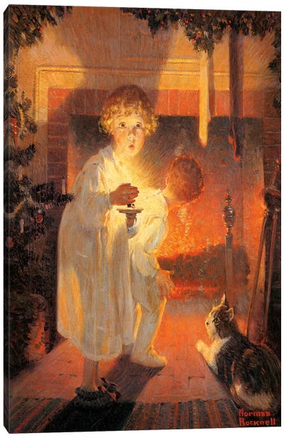 Children Looking Up Fireplace Canvas Art Print - Home for the Holidays