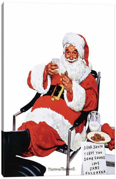 Santa Eating Milk and Cookies Canvas Art Print - Norman Rockwell Christmas Art