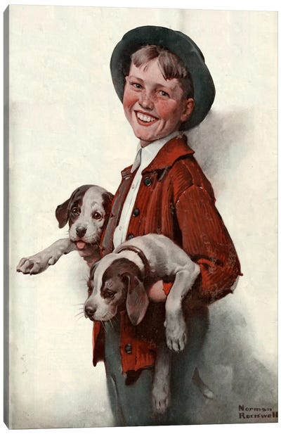 Boy with Puppies Canvas Art Print - Puppy Art