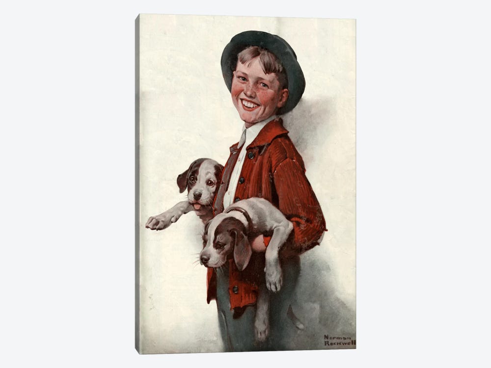 Boy with Puppies by Norman Rockwell 1-piece Canvas Wall Art
