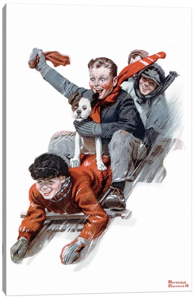 Four Boys on a Sled Canvas Art Print - Norman Rockwell Christmas Art