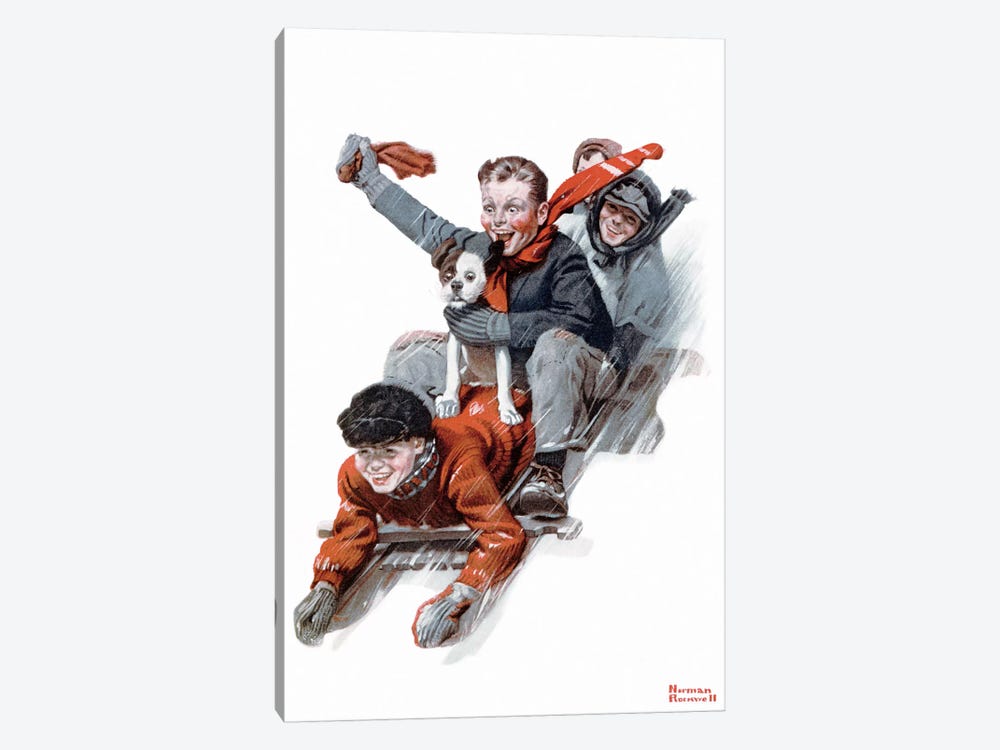 Four Boys on a Sled by Norman Rockwell 1-piece Canvas Wall Art