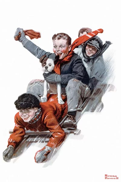 Norman Rockwell: Four Boys on a Sled by Norman Rockwell