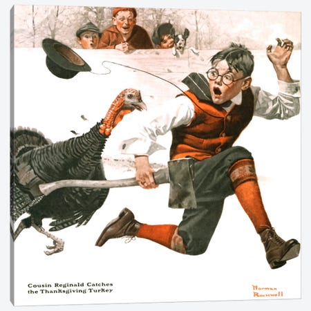Cousin Reginald Catches the Thanksgiving Turkey Canvas Print #NRL169} by Norman Rockwell Canvas Artwork