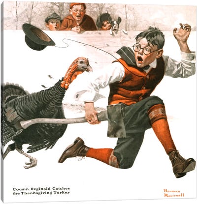 Cousin Reginald Catches the Thanksgiving Turkey Canvas Art Print - Thanksgiving Art