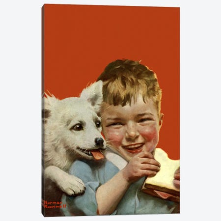 Laughing Boy with Sandwich and Puppy Canvas Print #NRL178} by Norman Rockwell Canvas Art Print