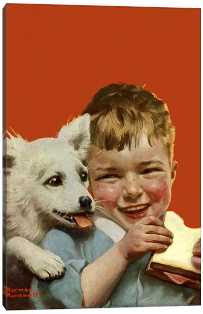 Laughing Boy with Sandwich and Puppy Canvas Art Print - AWWW!