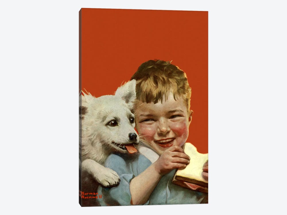 Laughing Boy with Sandwich and Puppy by Norman Rockwell 1-piece Canvas Art Print