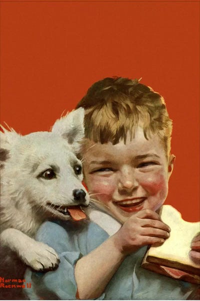 Norman Rockwell: Laughing Boy with Sandwich and Puppy by Norman Rockwell