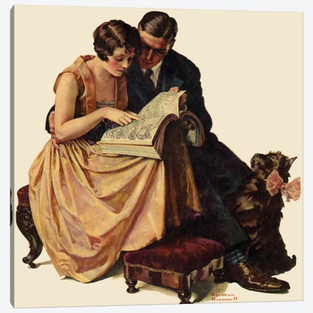 Young Couple Looking at Catalogue Canvas Print #NRL226} by Norman Rockwell Canvas Artwork