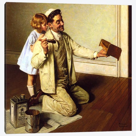 Man Varnishing Doll's Bed for Little Girl Canvas Print #NRL241} by Norman Rockwell Art Print