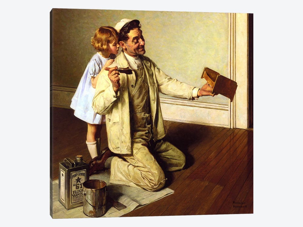 Man Varnishing Doll's Bed for Little Girl by Norman Rockwell 1-piece Art Print