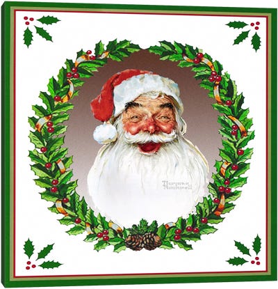Santa Claus with Wreath Canvas Art Print - Vintage Christmas Décor