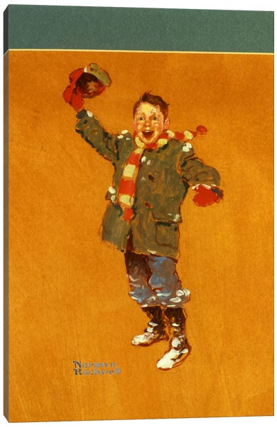 Christmas Studies: Boy in Winter Clothes Waving Canvas Art Print - Norman Rockwell Christmas Art