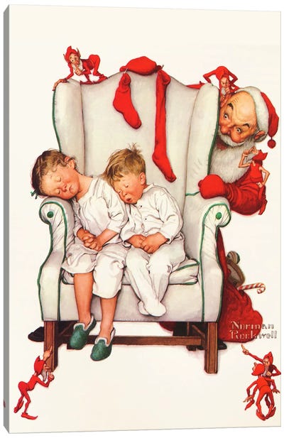 Santa Looking at Two Sleeping Children Canvas Art Print - Christmas Art
