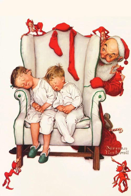 Santa Looking at Two Sleeping Children by Norman Rockwell wall art