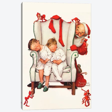 Santa Looking at Two Sleeping Children Canvas Print #NRL300} by Norman Rockwell Canvas Art