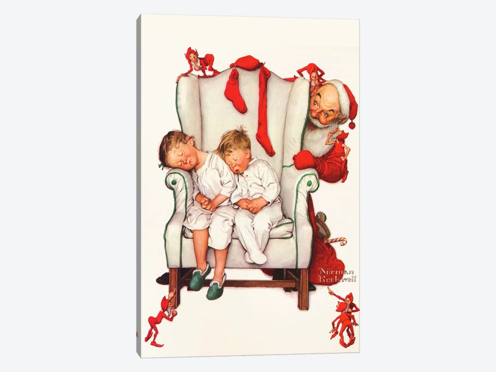 Santa Looking at Two Sleeping Children by Norman Rockwell 1-piece Canvas Print