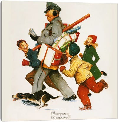 Jolly Postman Canvas Art Print - Norman Rockwell Christmas Art