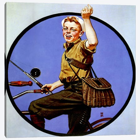 Off to Fish on a Bike Canvas Print #NRL319} by Norman Rockwell Art Print