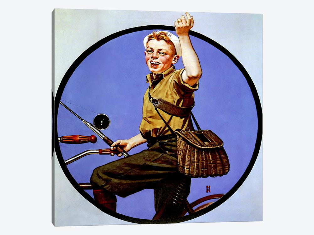 Off to Fish on a Bike by Norman Rockwell 1-piece Canvas Print