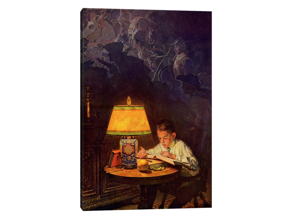 Boy Reading of Adventure Canvas Wall Art by Norman Rockwell | iCanvas