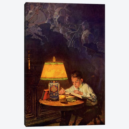 Boy Reading of Adventure Canvas Print #NRL322} by Norman Rockwell Canvas Artwork