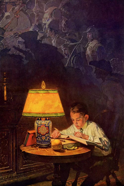 Boy Reading of Adventure Canvas Wall Art by Norman Rockwell | iCanvas