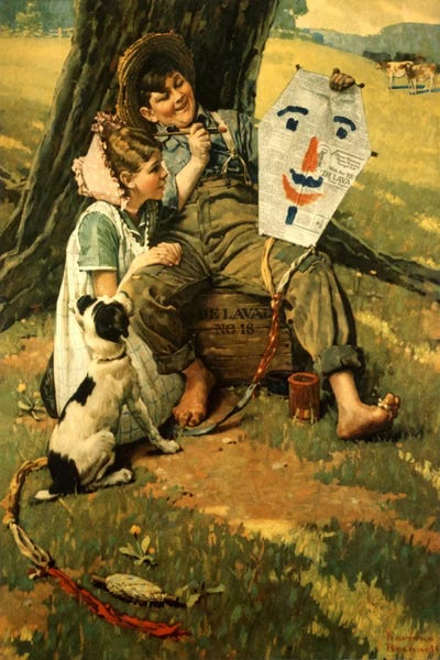 Farm Boy and Girl Sitting on Crate by Norman Rockwell metal wall art