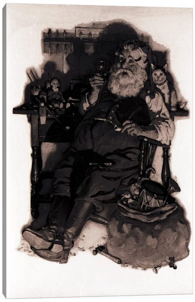 Santa with Coke Black & White Canvas Art Print - Norman Rockwell