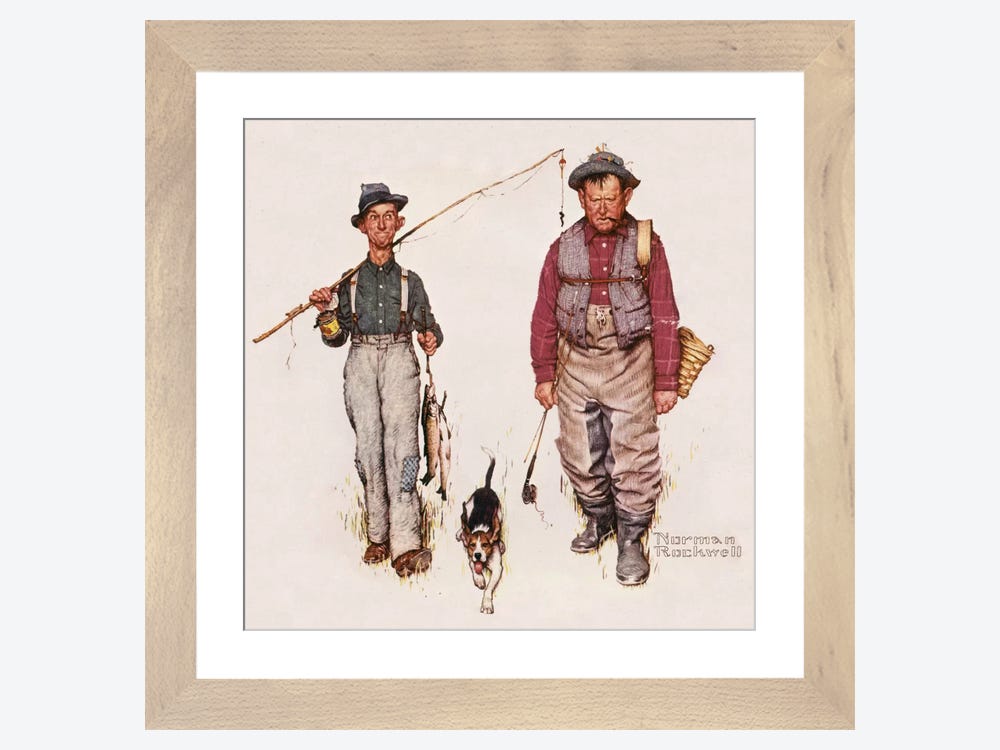 Two Old Men and Dog: The Catch ( Animals > Dogs > Puppies art) - 24x24x.25