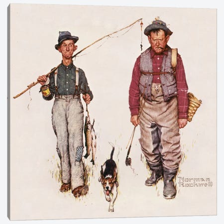 Framed Canvas Art (Champagne) - Boy Fishing by Norman Rockwell ( Sports > Fishing art) - 26x18 in