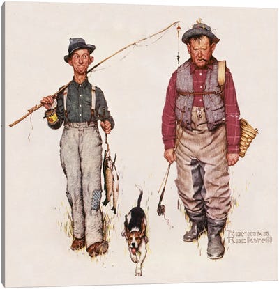 Two Old Men and Dog: The Catch Canvas Art Print - Fishing Art