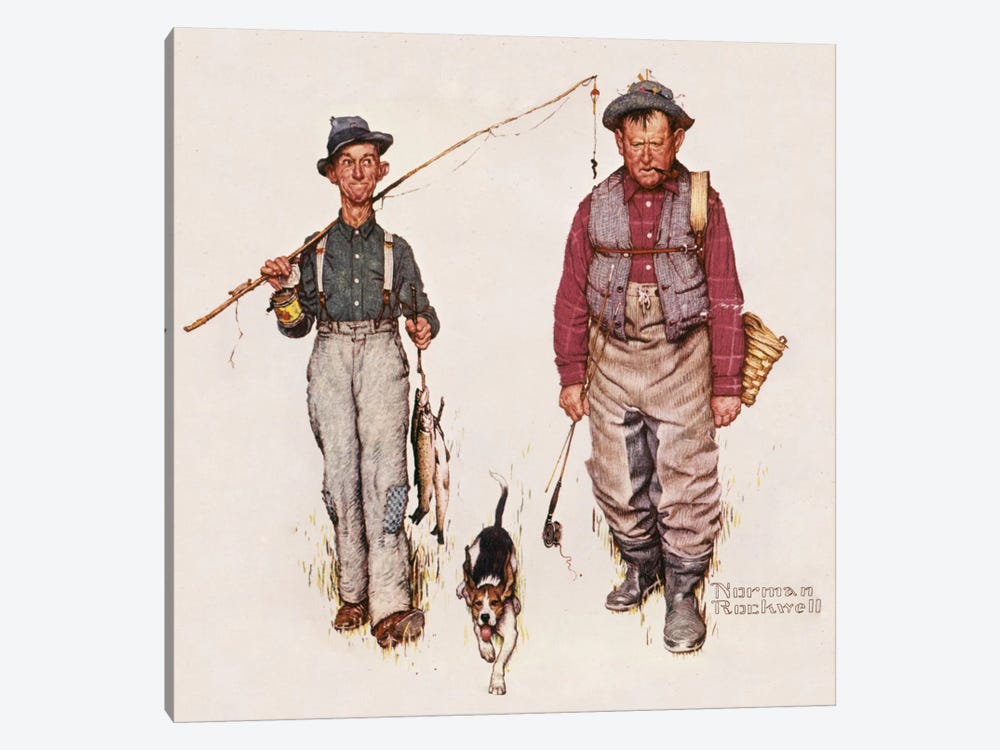 Two Old Men and Dog: The Catch by Norman Rockwell 1-piece Canvas Art