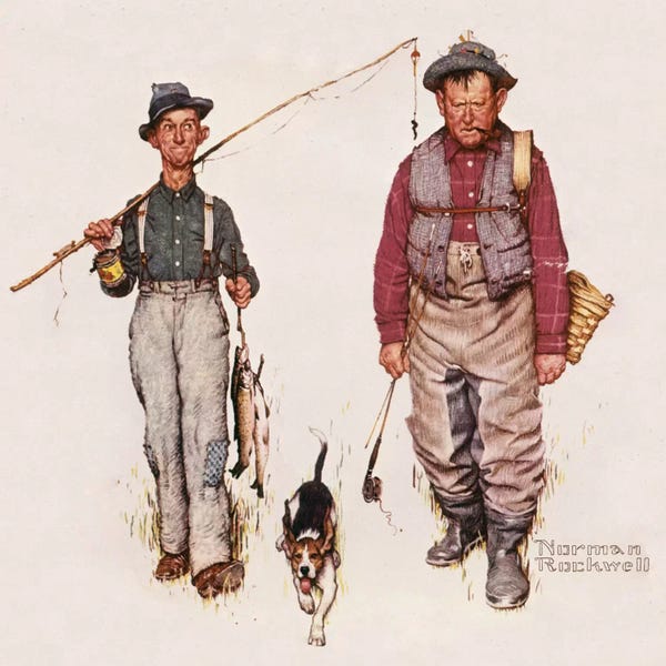 Fishing: Two Old Men and Dog: The Catch by Norman Rockwell
