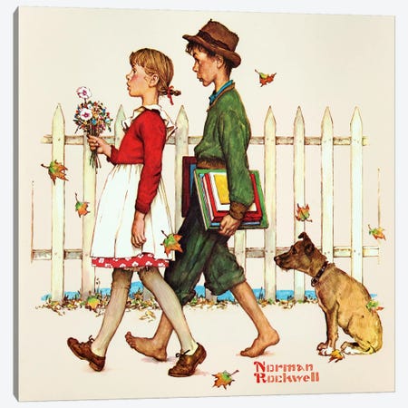 Young Love: Walking to School Canvas Print #NRL375} by Norman Rockwell Canvas Wall Art